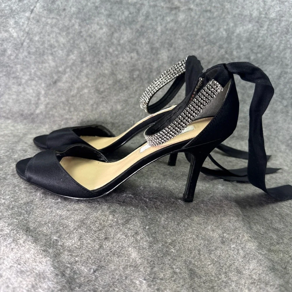 Nina New York Black Satin Rhinestone Ankle Tie Stiletto Sandals Womens 8.5 M